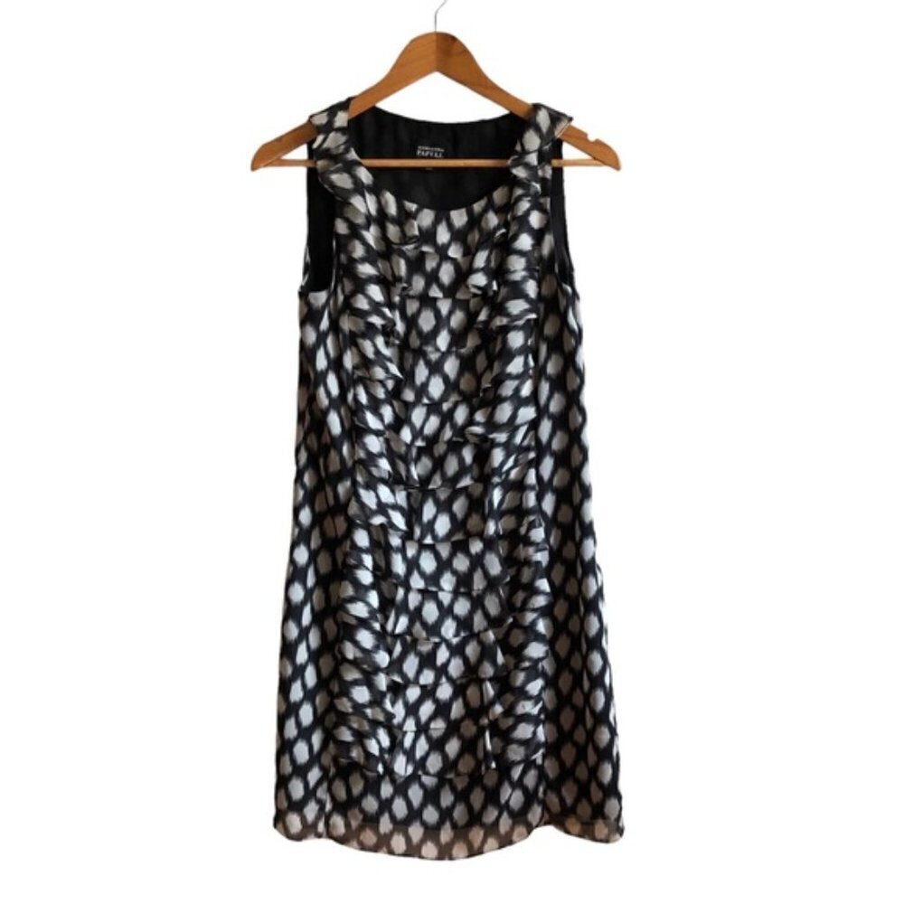 Adrianna Papell Sleeveless Ruffle Shift Dress Black White Geometric Size 10 - Picture 2 of 12